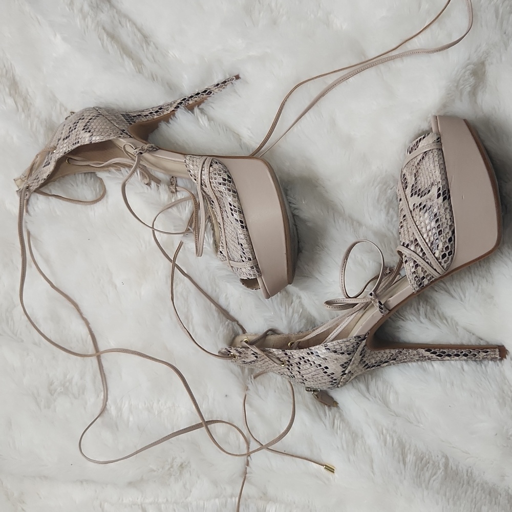 GUESS snakeskin and nude wrap heels